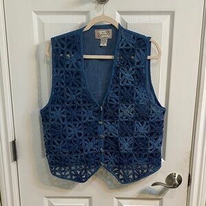 New Directions Open Weave Floral Swirl Denim Vest Vintage Women’s Size XL Fall